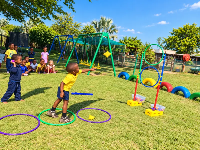 A child throwing a bean bag at a hoop target on the lawn while classmates watch.
