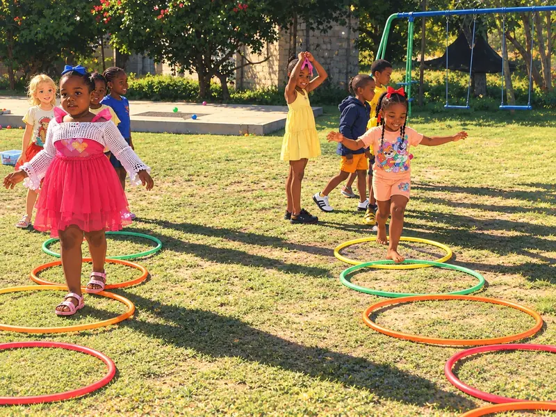 Children hopping through a row of colourful hoops on the school lawn.