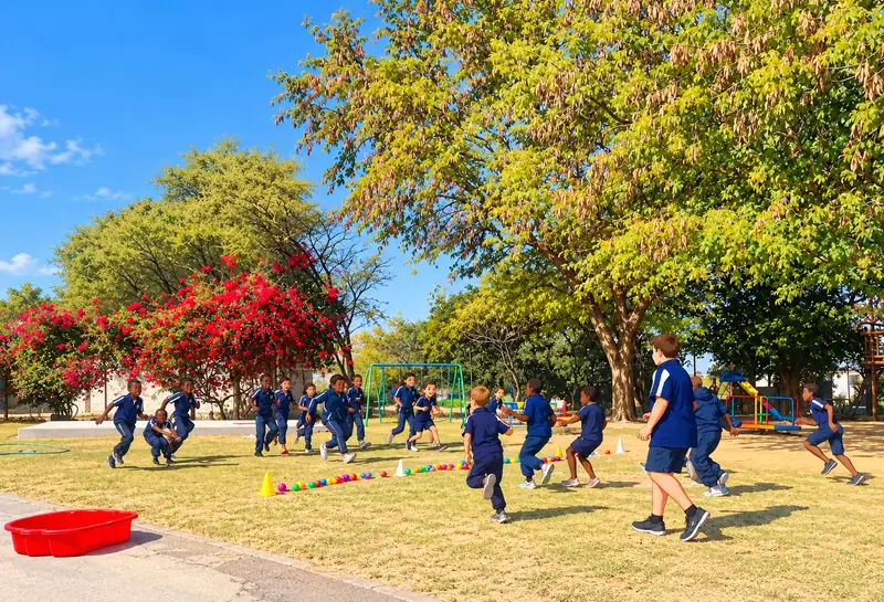 Children in navy school tracksuits running during an outdoor game under the trees.