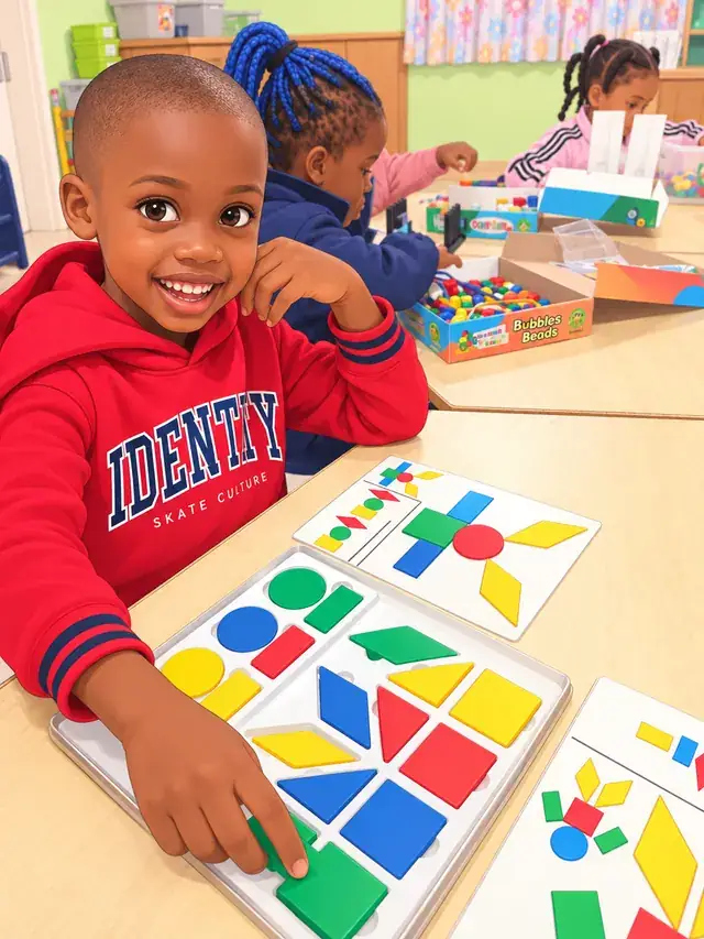 A smiling child fitting colourful shape tiles into a pattern board at a classroom table.