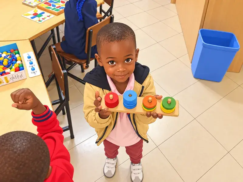 A child proudly holding up a wooden stacking-ring toy in the classroom.