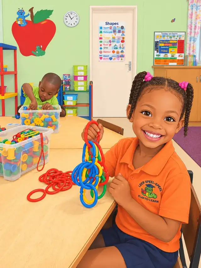 A smiling child in an orange Leer Speel-Speel shirt linking colourful plastic chains at a classroom table.