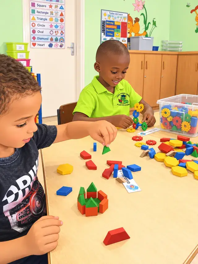 Two children building with wooden shape blocks and gears at a classroom table.