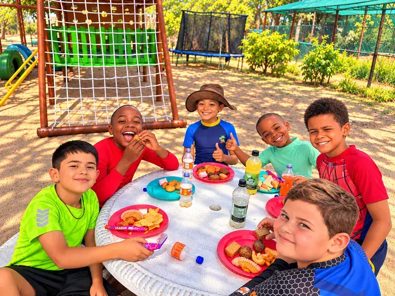 Children smiling around a picnic table with snacks and drinks at the playground.