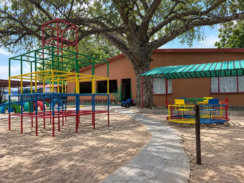 A colourful jungle gym and a merry-go-round beside a big shade tree at our Ongwediva campus.