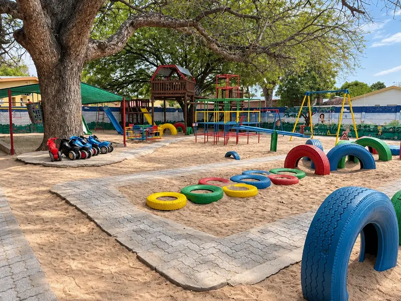 Painted tyres along a paved path, with ride-on toys and a wooden play fort under the trees at our Ongwediva campus.