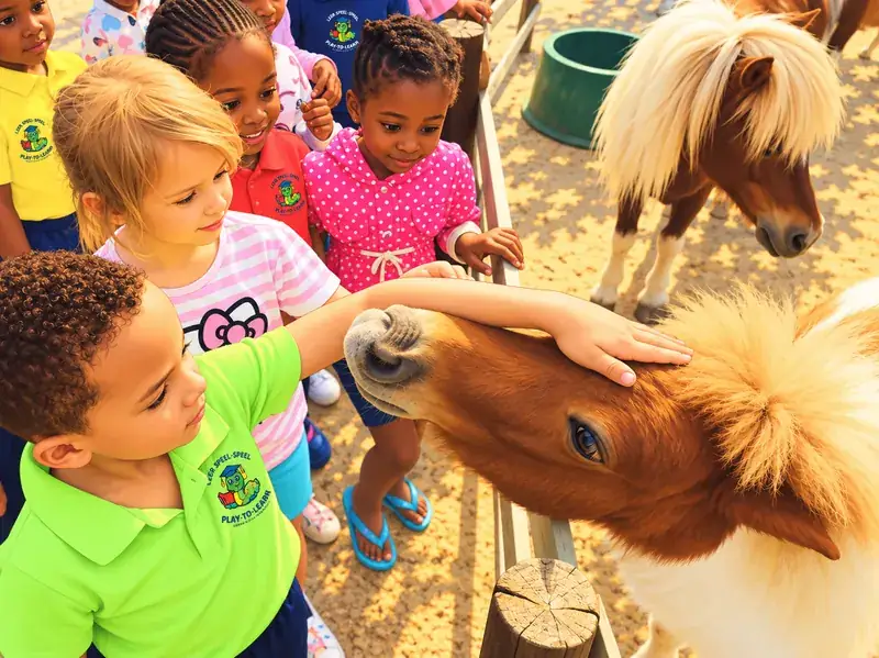 Children reaching over the fence to stroke a pony's nose.