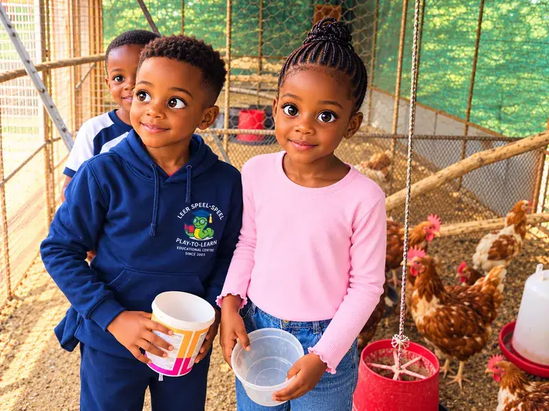 Children holding feed tubs beside the chickens in the petting zoo.