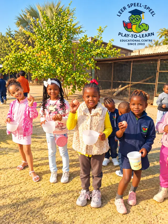Children holding up eggs and feed bowls outside the animal enclosures.