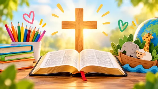 An open Bible in front of a wooden cross, with books, coloured pencils and a toy Noah's ark.