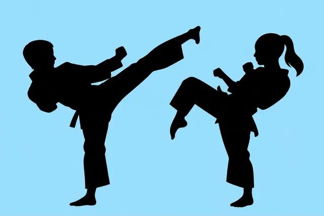 Silhouettes of two children in karate uniforms doing high kicks.
