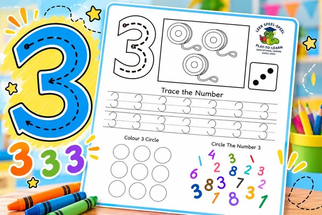 A colourful tracing worksheet with a big number 3, crayons and coloured pencils.
